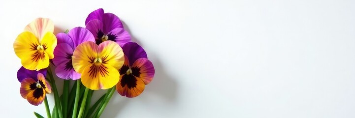 A bundle of pansy flowers with varied shapes and colors against a clean white backdrop, pansies, minimalist