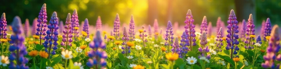 Fototapeta premium A carpet of lupine flowers in a sunlit meadow, landscape, spring, flowers