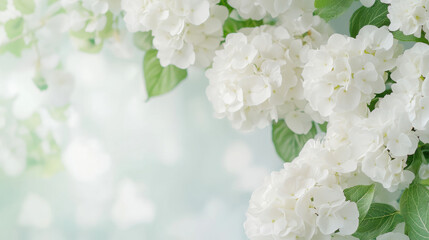 White hydrangea blossoms with soft green leaves on a blurred pastel background