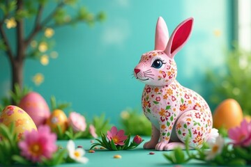 A colorful Easter conejo de pascua with intricate paper cutouts in a festive atmosphere, festive, hollidays, easter