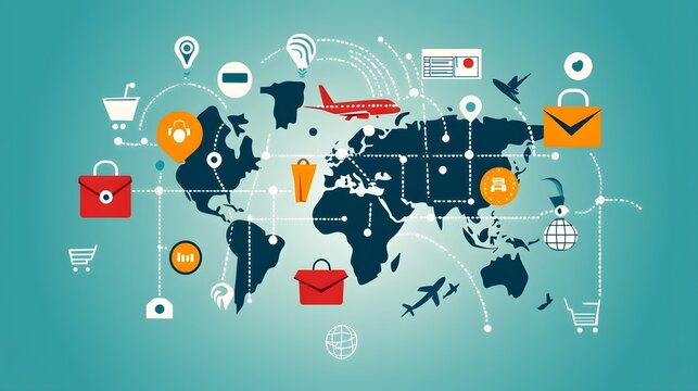 of a global online shopping platform featuring interconnected digital storefronts international payment options and worldwide shipping routes