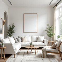 White sofa and armchairs in scandinavian style home interior design of modern living room.
