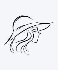 Minimalist line art of a stylish woman wearing a wide-brimmed hat, featuring elegant flowing hair and a chic profile. Ideal for fashion, beauty, and branding concepts.

