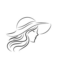 Elegant minimalist line art of a fashionable woman in a wide-brimmed hat with flowing hair and a graceful profile. Perfect for beauty, fashion, and branding designs.

