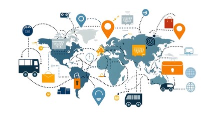 of an interconnected global e commerce marketplace featuring digital storefronts international payment options and worldwide shipping routes