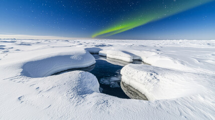 Obraz premium Arctic winter landscape: Frozen water channel, snowdrifts, and aurora borealis.