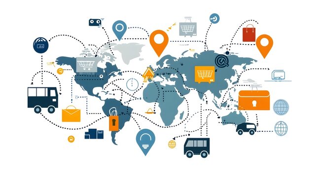 of an interconnected global e commerce marketplace featuring digital storefronts international payment options and worldwide shipping routes