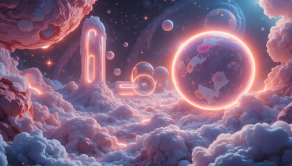 Obraz premium Fantasy cosmic landscape with glowing pink and orange clouds, a large glowing ringed planet, and a tall neon number six structure