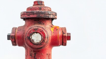 A weathered red fire hydrant stands against a white background, symbolizing safety and emergency response.