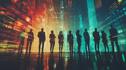 Group of business people silhouettes in modern office building and business network concept. Human resources with pastel innovation charts and graphs with statistics to analyze business