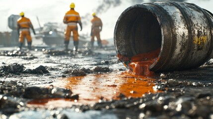 Oil spill cleanup operation at industrial site with workers managing hazardous materials. Generative AI