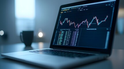 Laptop Displaying Detailed Financial Graphs and Charts on Modern Desk