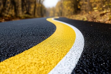 Road marking on brand new asphalt surface of a parking lot, yellow and white lines as abstract background , isolated on white background,  , copy space for text,