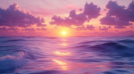 Obraz premium Sunset over tranquil ocean waters with vibrant colors and wispy clouds reflecting in the waves. Generative AI