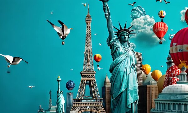 Global travel collage iconic landmarks, hot air balloons, birds. Use travel agency, tourism