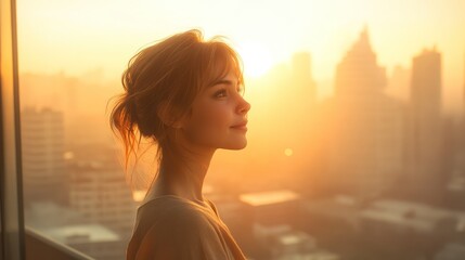Young woman enjoying sunset view over a city skyline while standing by a large window. Generative AI