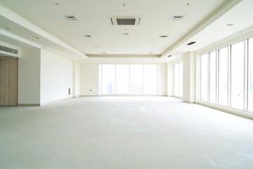 Obraz premium Minimalist and unobstructed open concept apartment interior with diffuse natural illumination and monochromatic palette