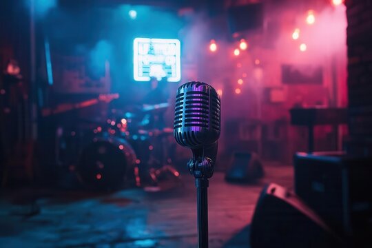 neon-lit nashville honky-tonk stage with vintage microphone and guitar silhouettes in smoky atmosphere