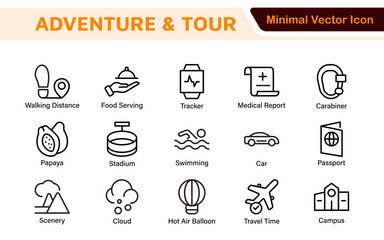 Adventure Icon Set. An exciting collection of icons that captures the spirit of exploration, perfect for travel apps, outdoor websites, and promotional materials for adventure and thrill-seeking.