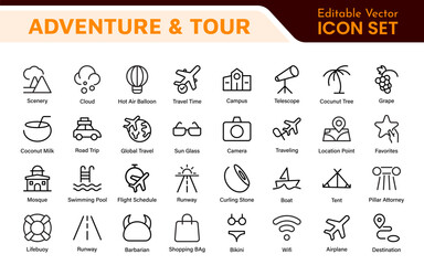 Adventure Icon Set. An exciting collection of icons that captures the spirit of exploration, perfect for travel apps, outdoor websites, and promotional materials for adventure and thrill-seeking.