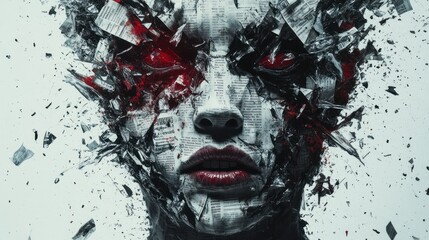 Artwork depicting an abstract figure with shattered elements and intense red eyes, emphasizing emotion and chaos. Generative AI
