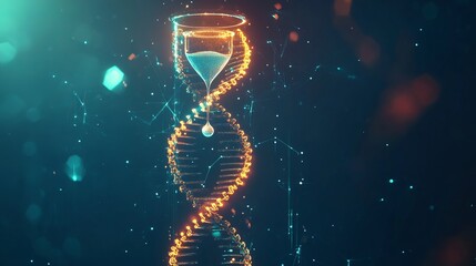 A futuristic concept of longevity and life expectancy, featuring a glowing low-polygon DNA helix and hourglass on a dark blue background