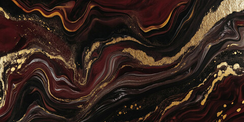 Obraz premium Abstract fluid art in shades of deep burgundy and gold, flowing metallic accents, luxurious modern design, premium aesthetic texture