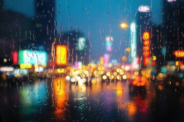 night view of a vibrant city skyline, rain-soaked windowpane creating a blurry effect, with neon lights and street lamps illuminating the urban landscape in a colorful display