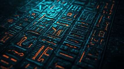 Ancient hieroglyphics illuminated by blue light.