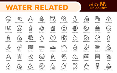 Water Related Icon Set. A refreshing collection of icons showcasing water conservation, aquatic life, and hydration, perfect for water awareness and sustainability. © artnazu