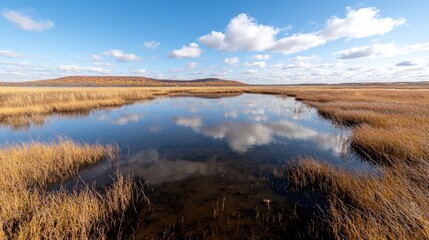 Autumnal wetland reflection, clear sky, hills. Nature landscape for travel brochure