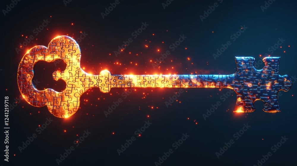 Poster vibrant key unlocking possibilities with a puzzle design in a captivating glowing display. generativ