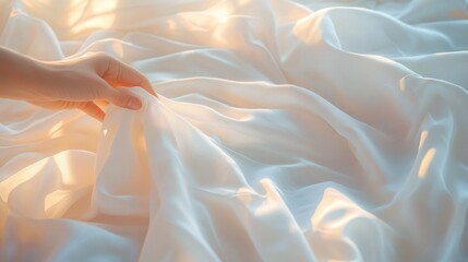 Fototapeta premium Soft sunlight illuminates delicate white fabric being gently handled in a serene setting. Generative AI