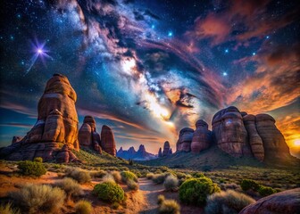 Surreal Starry Night Landscape: Towering Rocks and Galactic Wonders
