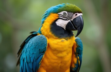 Fototapeta premium Close-up portrait of a vibrant blue-and-yellow macaw with detailed feathers and a lush green blurred background