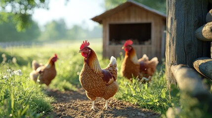 Vibrant brown chickens exploring a sunny farmyard near a wooden coop in the early morning light. Generative AI