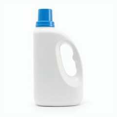 White plastic laundry detergent bottle with a blue cap and ergonomic handle, isolated on a clean white background for product mockup