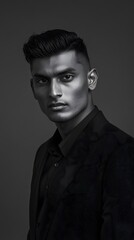 Obraz premium Portrait photograph of an attractive young Indian man, in black and white 