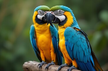Pair of blue-and-yellow macaws perched on a tree branch, displaying vibrant plumage with lush green foliage in the background