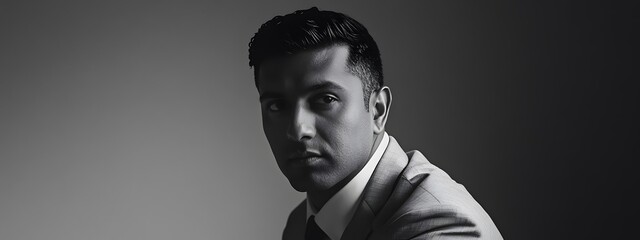 Portrait photograph of an attractive young Indian man, in black and white
