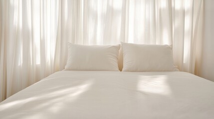 Sunlit bedroom, bed with pillows, curtains, morning light