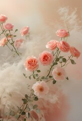Peach Roses, Delicate Branches, Soft Pastel Background, Romantic Floral Art