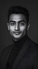 Obraz premium Portrait photograph of an attractive young Indian man, in black and white 