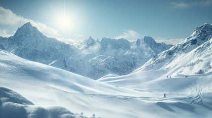 Fototapeta premium Winter Landscape with Snow-Covered Mountains and Skiers in Distance