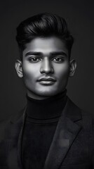 Obraz premium Portrait photograph of an attractive young Indian man, in black and white 