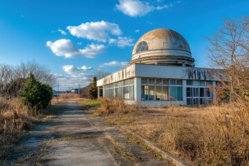 Abandoned observatory with a dome under a blue sky, surrounded by dried grass and overgrown pathways, evoking feelings of nostalgia and nature s reclaiming