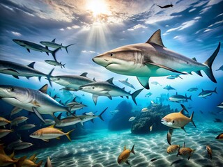 Naklejka premium Slow Motion School of Fish Evading Sharks, High Depth of Field Underwater Scene