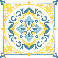 Traditional Azulejo ceramic tiles. Vector Italian print for fabric and wallpaper. Sicilian majolica in blue and yellow colors. Mediterranean style ornament.