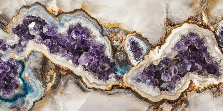 Crystalline geode stone background with amethyst and quartz mineral clusters.