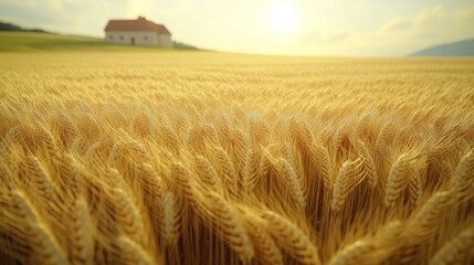 Obraz premium Golden wheat field with a farmhouse under the warm sun at sunset in rural landscape. Generative AI